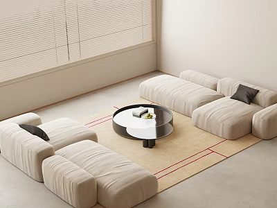 Modern Beige Sofa and Round Coffee Table Set in Living Room with Window and Rug 3d model