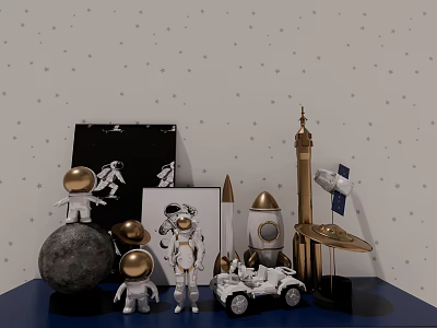 Decorative Ornaments Set with Astronaut Rocket Moon Spaceship and Starry Wall Background 3d model