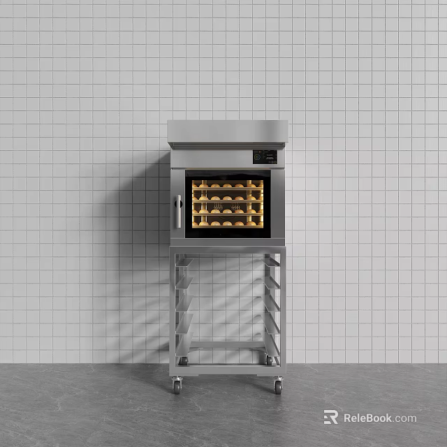 Stainless Steel Kitchen Oven with Metal Stand and Wheels Against White Tiled Wall 3d model 