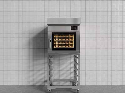 Stainless Steel Kitchen Oven with Metal Stand and Wheels Against White Tiled Wall 3d model