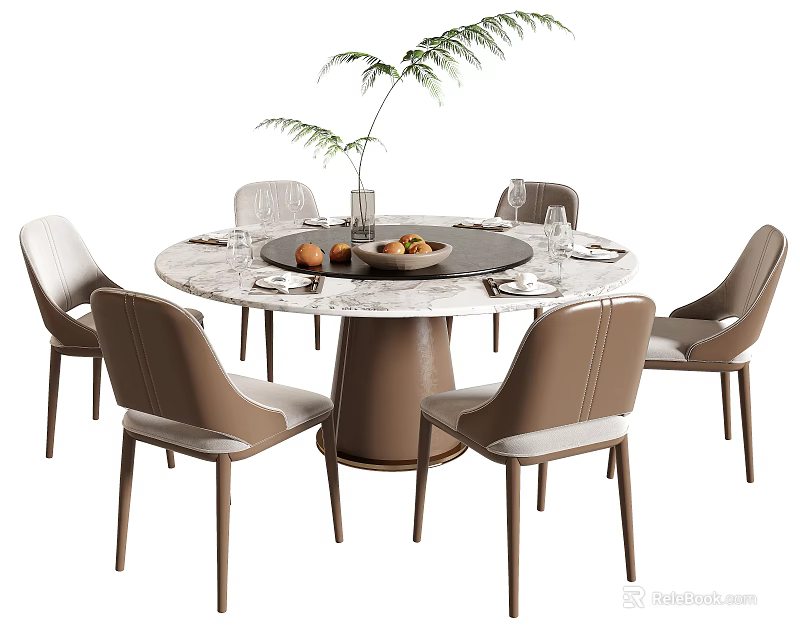 Modern Round Marble Dining Table Set With Six Brown White Leather Chairs And Green Plant 3d model 