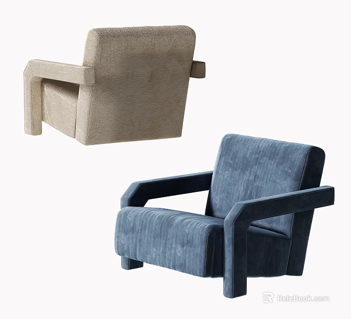 Beige and Blue Fabric Single Sofa with Modern Armrest Design 3d model