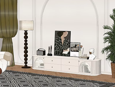 White TV Cabinet With Radio Sculpture Photo Frame Painting And Floor Lamp 3d model