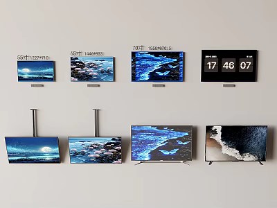 Different Styles Of Televisions Displaying Natural Scenery And Time Temperature Displays 3d model