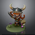 Cartoon Man In Horned Viking Helmet Red Hair Holding Sword Shield On Green Grass