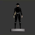 Sleek Black Tactical Weapon Carried By Goggled Figure In Bodysuit On White Pedestal