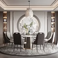 Elegant Dining Room Interior With Round Table Gray Chairs Pendant Light And Circular Decorative Wall 3d model