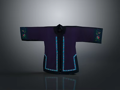 Elegant woman wearing traditional purple dress with blue trim and floral embroidery details 3d model