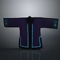 Elegant woman wearing traditional purple dress with blue trim and floral embroidery details