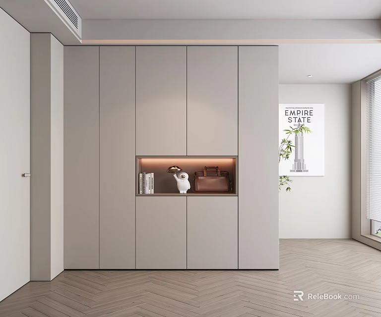 Modern Entryway Hallway Design With Gray Storage Cabinet Built-in Display Niche And Herringbone Floor 3d model 