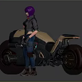 Futuristic Black And Gold Motorcycle With Purple Haired Woman Standing Beside It