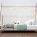 Cozy Single Bed With Wooden Frame String Lights White Pillows And Gray Light Green Blankets