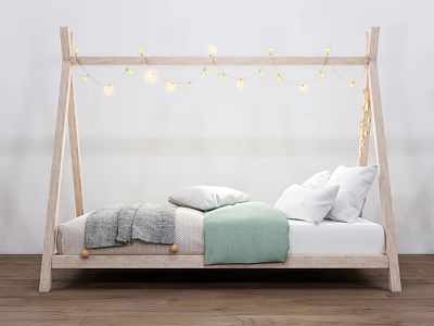 Cozy Single Bed With Wooden Frame String Lights White Pillows And Gray Light Green Blankets 3d model