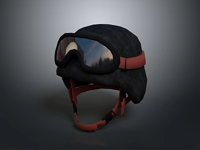 Black Textured Helmet With Red Straps And Protective Goggles 3d model
