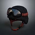 Black Textured Helmet With Red Straps And Protective Goggles 3d model