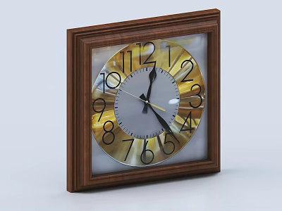 Square Wooden Frame Wall Clock With Golden Dial And Black Numbers 3d model