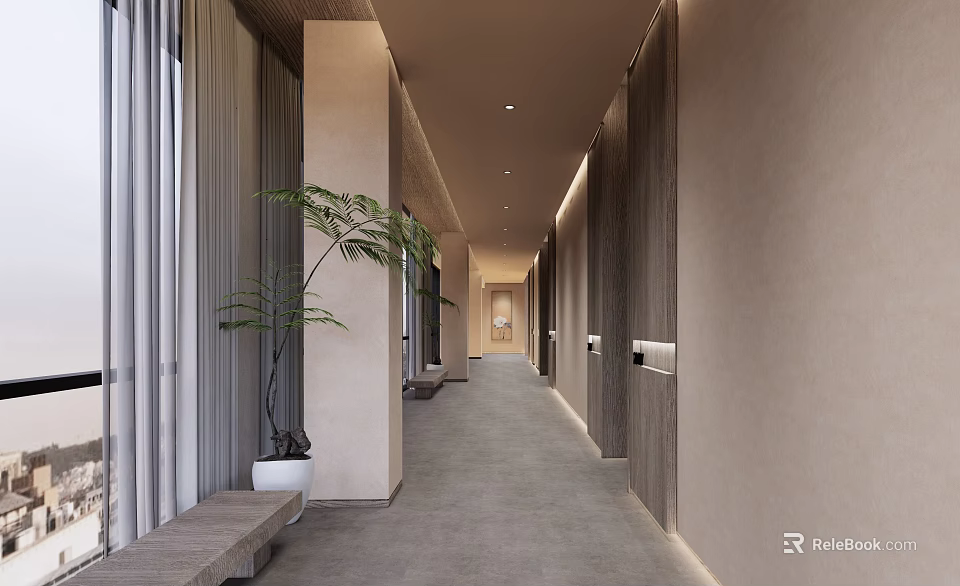 Minimalist Hotel Corridor Interior With Soft Lighting Wooden Walls And Potted Green Plants 3d model 