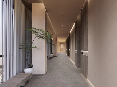 Minimalist Hotel Corridor Interior With Soft Lighting Wooden Walls And Potted Green Plants 3d model