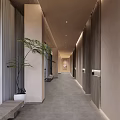Minimalist Hotel Corridor Interior With Soft Lighting Wooden Walls And Potted Green Plants