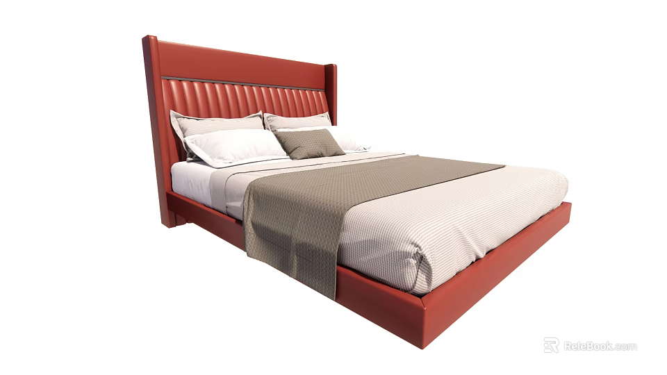 Stylish Red Leather Double Bed With Stitched Headboard White Sheets And Gray Throw 3d model
