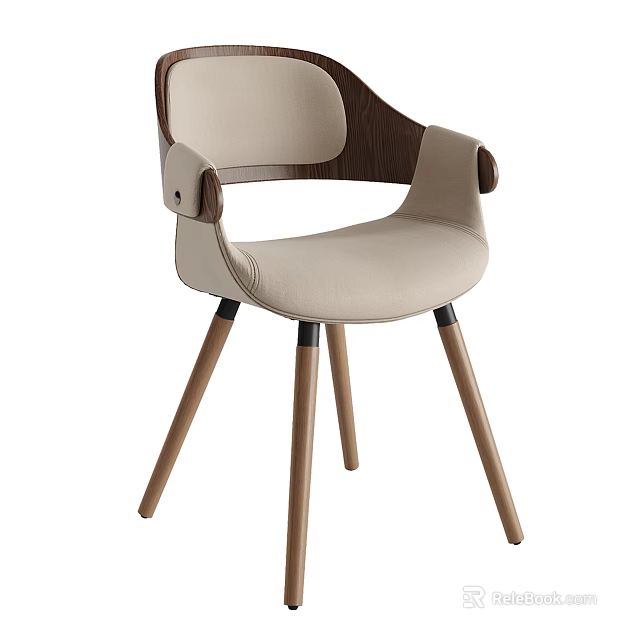 Modern Contemporary Accent Chair With Beige Fabric Cushion Wooden Armrest And Sturdy Tapered Legs 3d model 