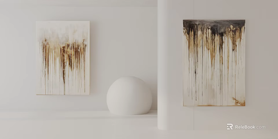 Abstract Paintings On White Walls With White Spherical Decor In Between 3d model