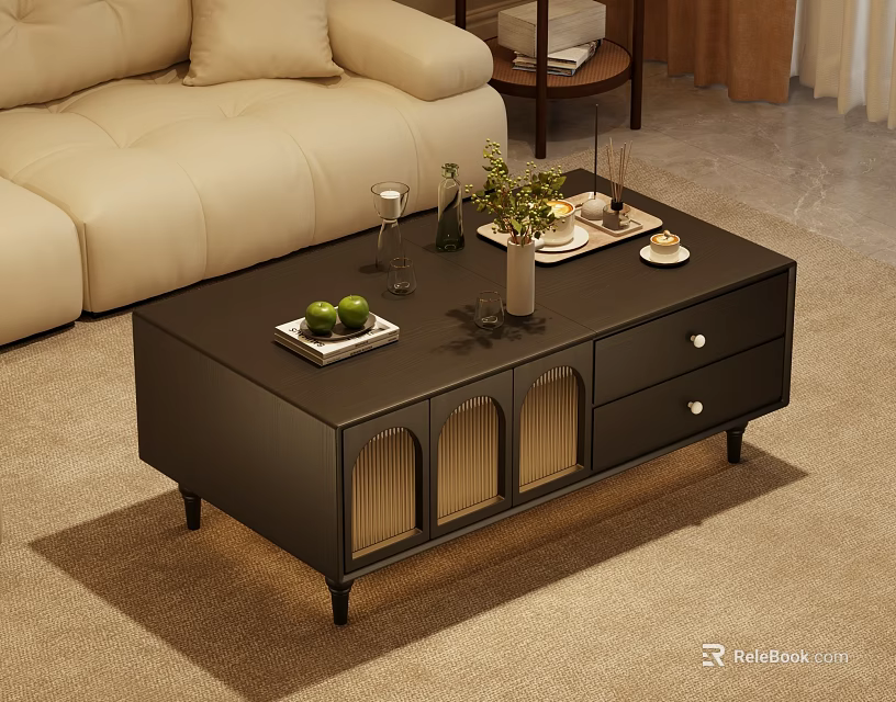 Black Coffee Table with Drawers and Grille Doors Decorated with Green Fruits and Wine Glasses 3d model 