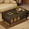 Black Coffee Table with Drawers and Grille Doors Decorated with Green Fruits and Wine Glasses