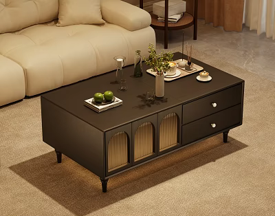 Black Coffee Table with Drawers and Grille Doors Decorated with Green Fruits and Wine Glasses 3d model