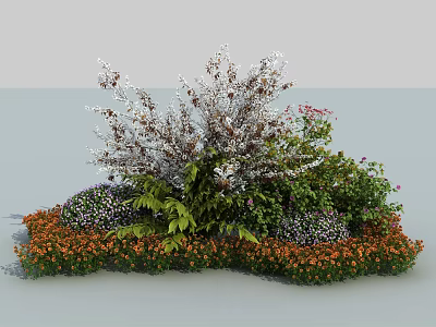 Vibrant Flower And Plant Arrangement With Orange Purple Blooms Green Foliage And Silver White Branches 3d model