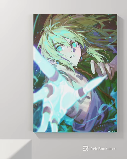 Anime Character Artwork With Blonde Hair Blue Eyes Glowing Outstretched Hand And Cosmic Starry Background 3d model 