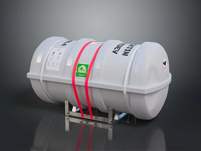 White Cylindrical Industrial Storage Tank With Red Straps And Metal Stand 3d model