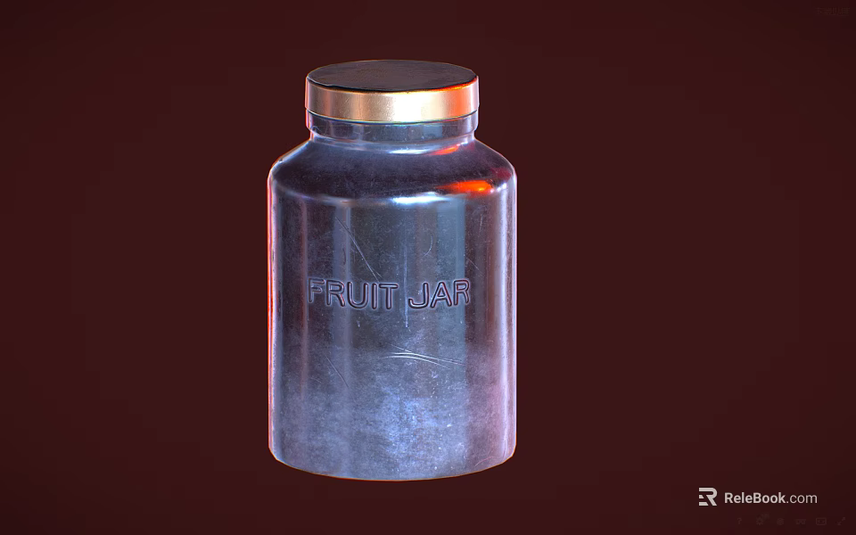 Classic Ceramic Jar with FRUIT JAR Lettering and Golden Lid on Dark Red Background 3d model 