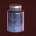 Classic Ceramic Jar with FRUIT JAR Lettering and Golden Lid on Dark Red Background
