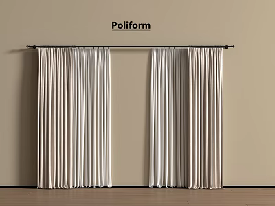 Elegant Beige And White Pollform Curtains With Black Rod On Beige Wall And Wooden Floor 3d model