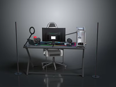Modern Gaming Desk Setup With Computer Monitor Ergonomic Chair Headset And PC Tower 3d model