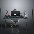 Modern Gaming Desk Setup With Computer Monitor Ergonomic Chair Headset And PC Tower