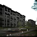 Modern Residential Building Exterior with Landscaped Garden Water Feature and Trees