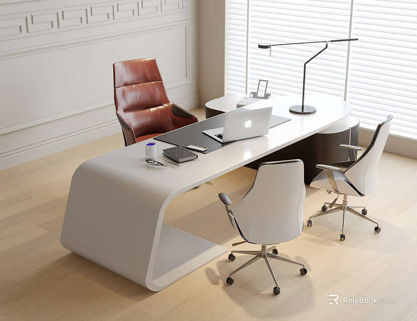 Modern White Office Desk With Laptop Desk Lamp Red Leather Chair And Window Blinds 3d model 