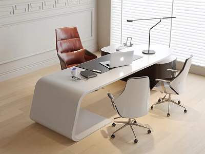 Modern White Office Desk With Laptop Desk Lamp Red Leather Chair And Window Blinds 3d model