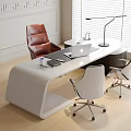 Modern White Office Desk With Laptop Desk Lamp Red Leather Chair And Window Blinds