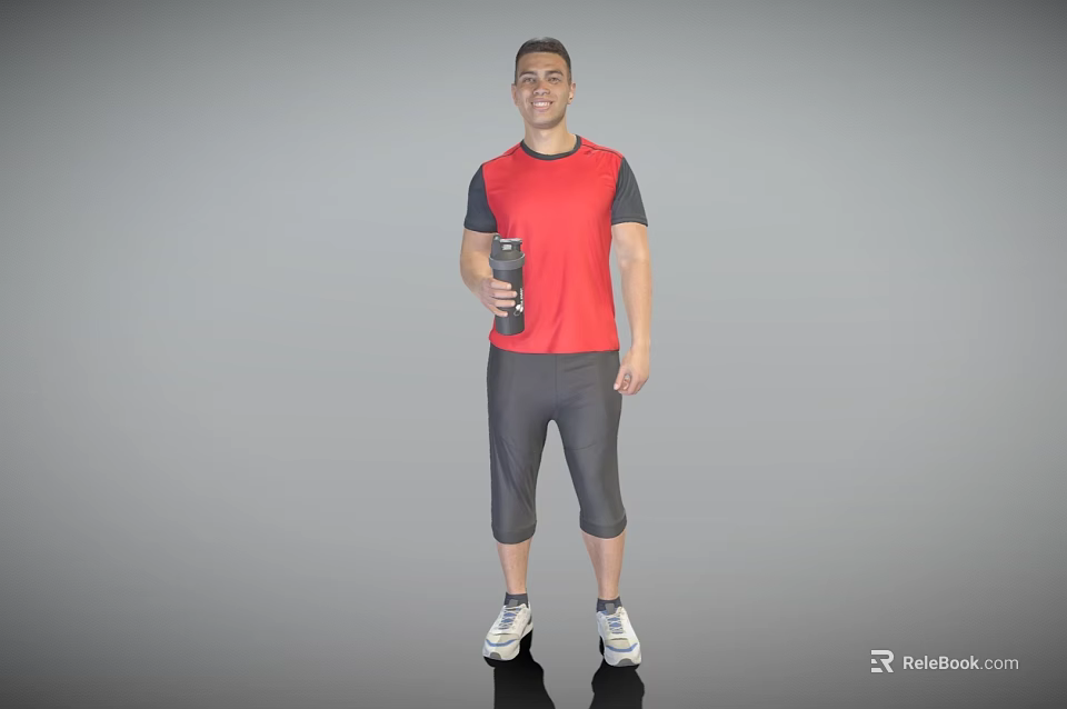 Man Wearing Red Black T-Shirt Gray Capri Pants White Sneakers Holding Black Water Bottle 3d model 