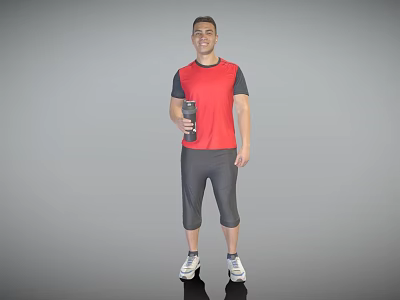 Man Wearing Red Black T-Shirt Gray Capri Pants White Sneakers Holding Black Water Bottle 3d model