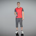 Man Wearing Red Black T-Shirt Gray Capri Pants White Sneakers Holding Black Water Bottle