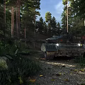 Camouflaged Military Tank In Forest Environment With Tall Trees And Natural Vegetation