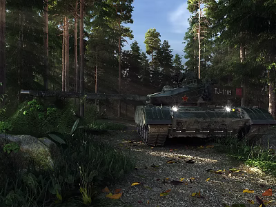 Camouflaged Military Tank In Forest Environment With Tall Trees And Natural Vegetation 3d model