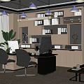 Modern Office Interior Design With Desk Chairs Wooden Bookshelves And Green Plants