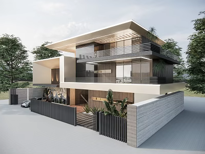 Modern Two Story Detached Villa With Large Glass Windows Balcony Railings And Surrounding Trees 3d model