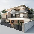 Modern Two Story Detached Villa With Large Glass Windows Balcony Railings And Surrounding Trees