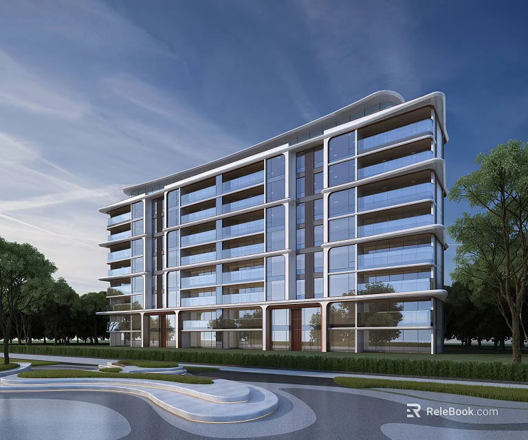 Modern Contemporary Residential Building Featuring Glass Curtain Walls Balconies And Green Landscape 3d model 
